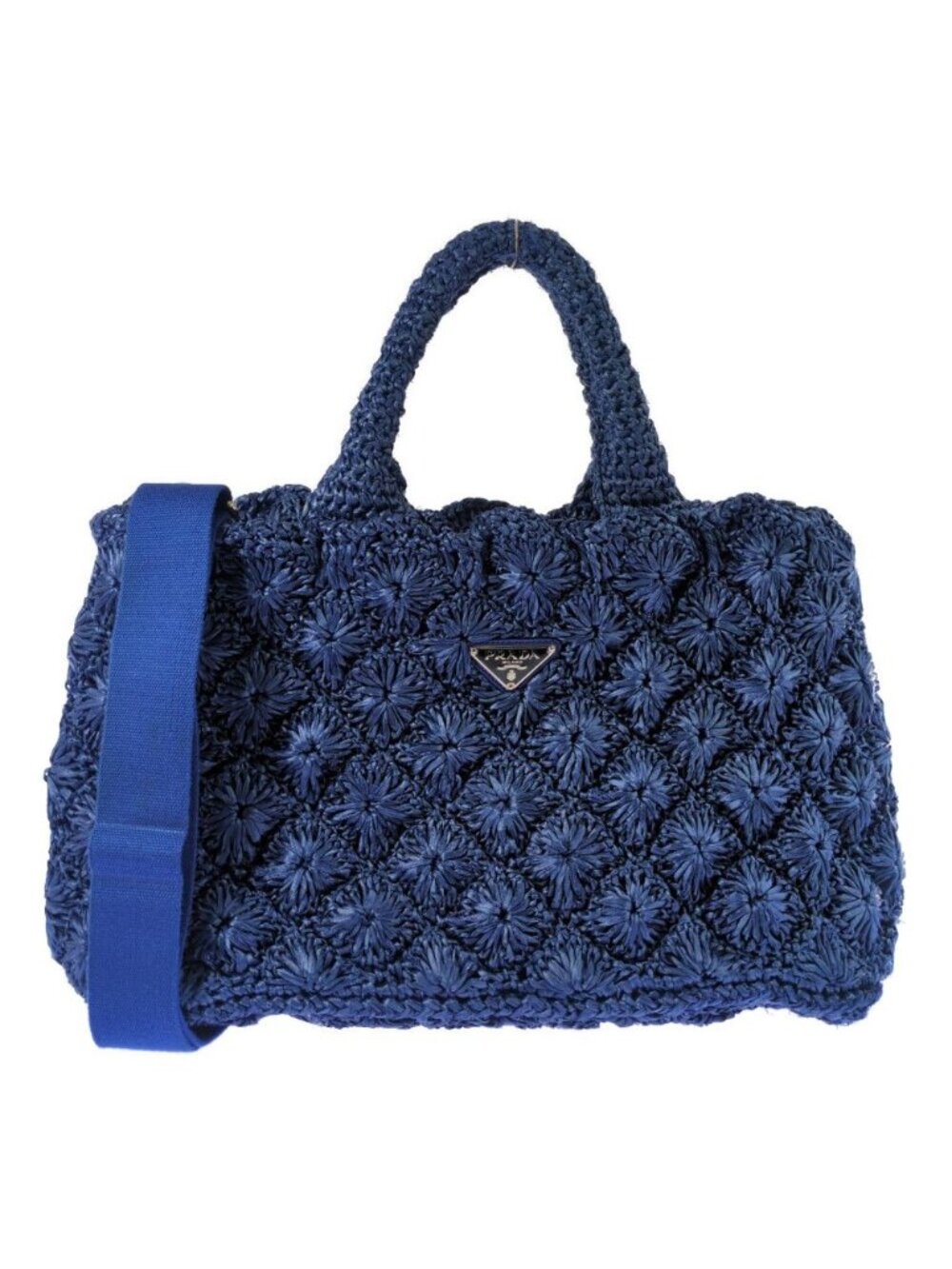 Prada Raffia Crochet Canapa Tote Handbag Triangle Logo Basket Blue Shoulder - Picture 1 of 10